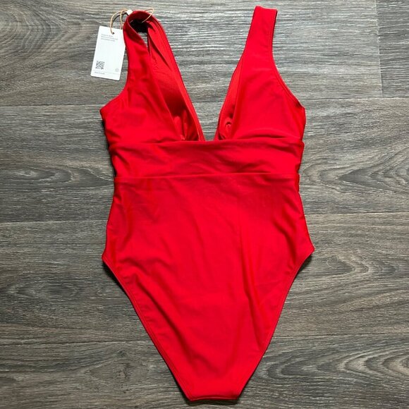 Quince Italian Plunge Wrap One Piece Swimsuit Red Small Bathing Suit Swim Wear - Picture 4 of 9